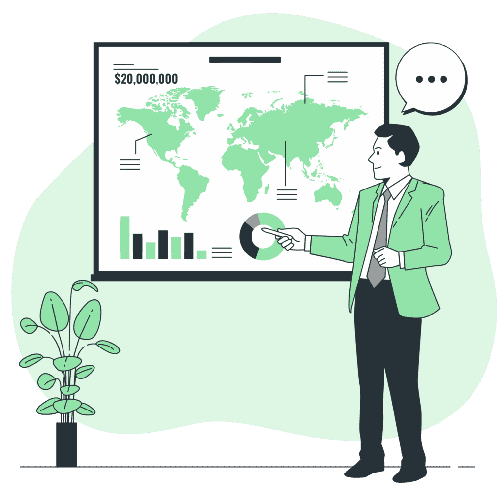A man presenting stats from around the word 