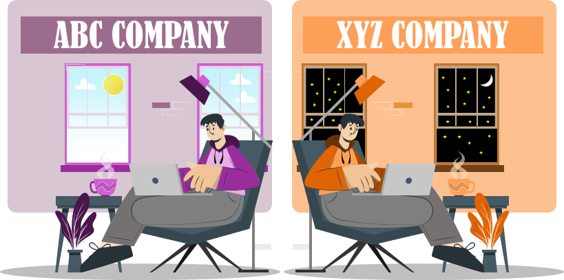 An individual moonlighting at a company, one during the day and one and night 